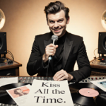 Harry Styles singing at a vintage recording console with disco ball reflections and a lyric sheet.