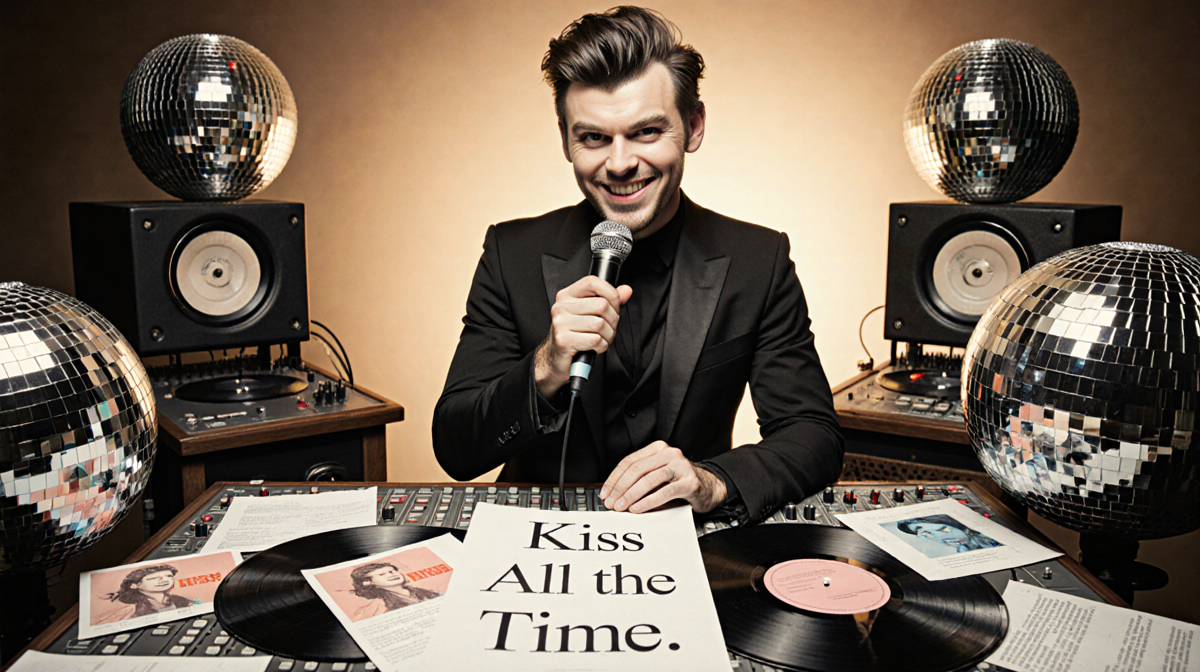 Harry Styles singing at a vintage recording console with disco ball reflections and a lyric sheet.