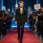 Harry Styles walking down a dimly lit red carpet with a city skyline behind him and fans holding signs