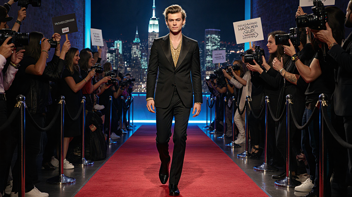 Harry Styles walking down a dimly lit red carpet with a city skyline behind him and fans holding signs