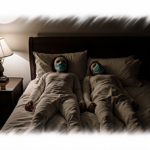 Two lifeless figures lie tangled in a dim bedroom with bandages and masks lamp glow casting shadow