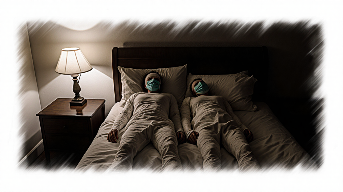 Two lifeless figures lie tangled in a dim bedroom with bandages and masks lamp glow casting shadow