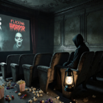 Lone lantern‑lit figure sits in front row of movie theater with flickering horror film screens.