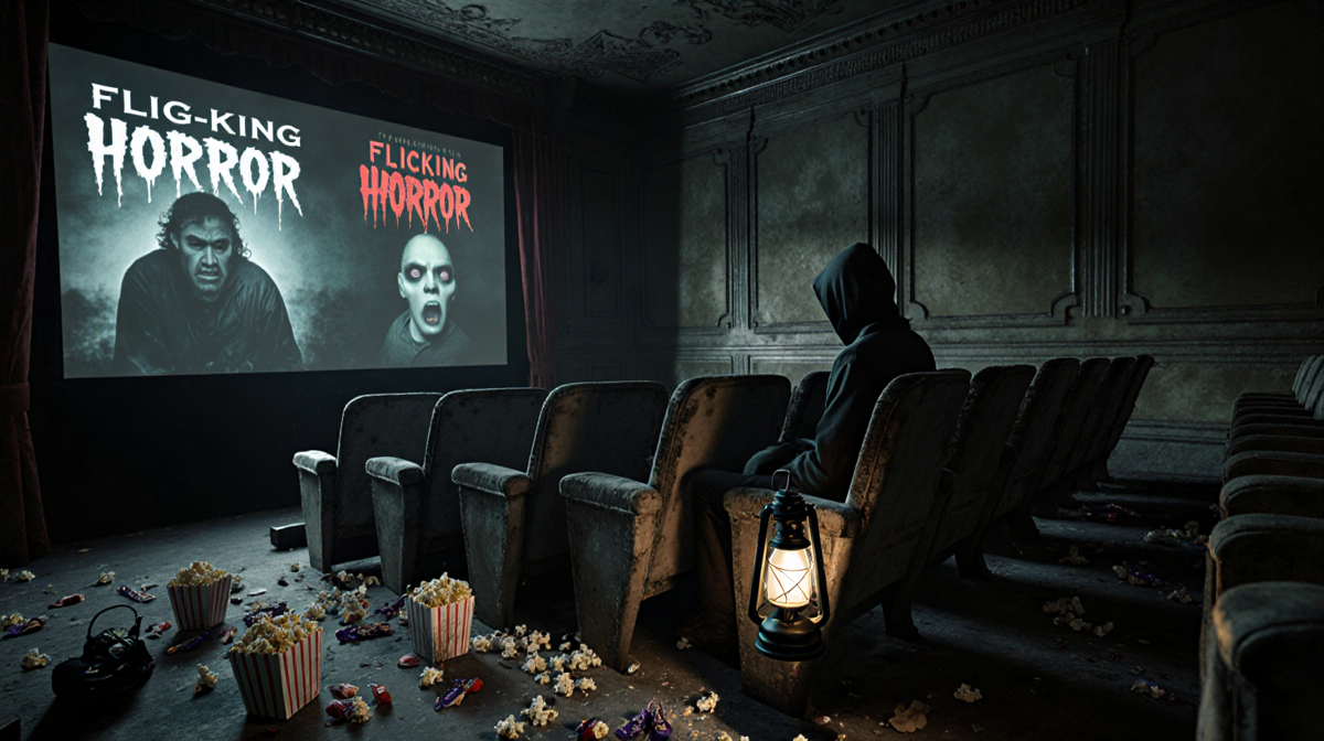 Lone lantern‑lit figure sits in front row of movie theater with flickering horror film screens.