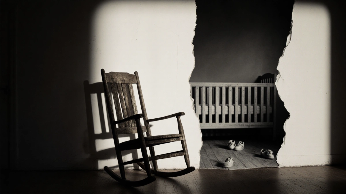 Old rocking chair casting long shadows with torn family photo and baby shoes visible behind