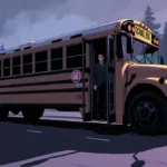 Dark school bus parked at roadside with doors ajar and shadowy driver standing in entrance