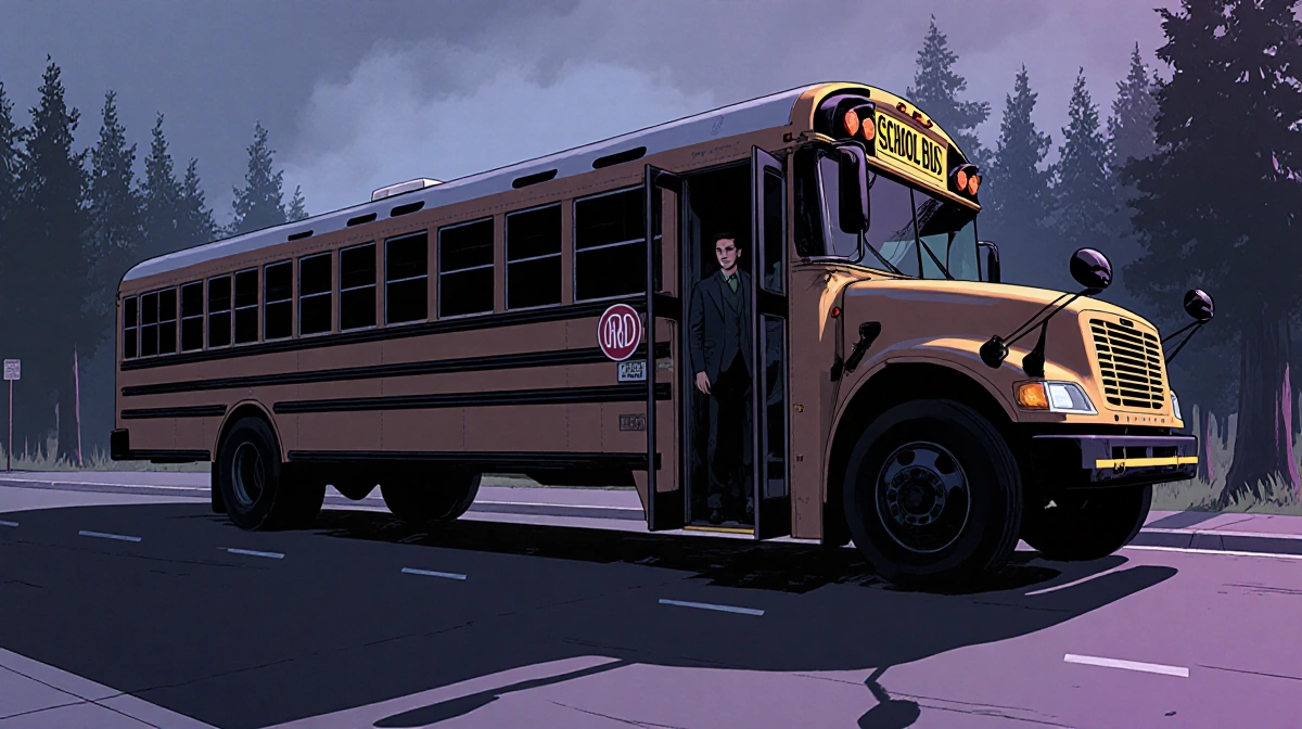 Dark school bus parked at roadside with doors ajar and shadowy driver standing in entrance