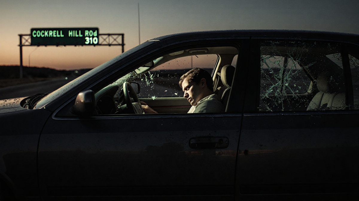Sedan parked with a lifeless body on passenger seat and shattered glass amid highway dawn