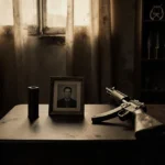 Worn photograph sits on coffee table with dusty rifle leaning against wall and antique knives nearby