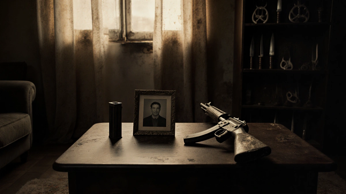 Worn photograph sits on coffee table with dusty rifle leaning against wall and antique knives nearby