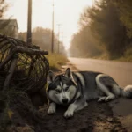 Lifeless Siberian husky lies twisted in a shallow depression with a wooden Conibear trap protruding from disturbed earth