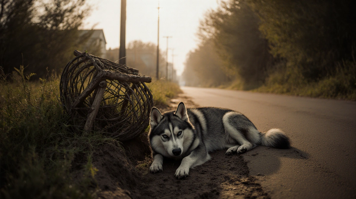 Lifeless Siberian husky lies twisted in a shallow depression with a wooden Conibear trap protruding from disturbed earth