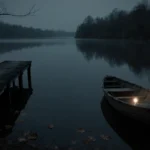Weathered wooden dock stretches over still water with faint light reflecting across the surface and scattered leaves floating