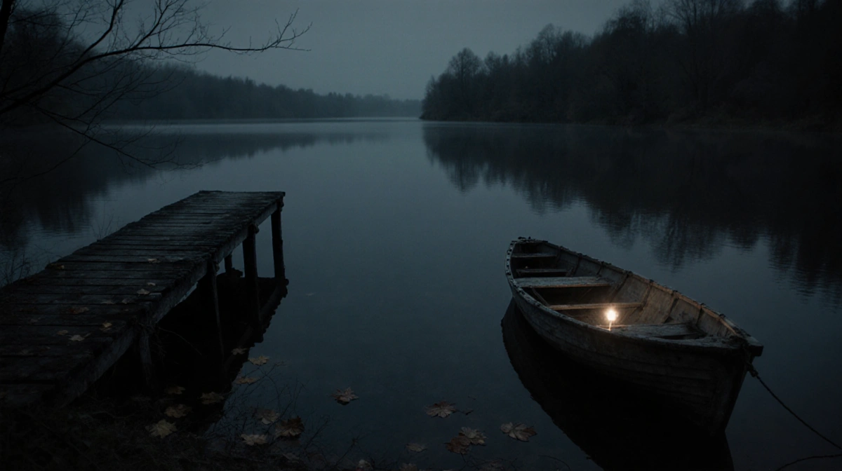 Weathered wooden dock stretches over still water with faint light reflecting across the surface and scattered leaves floating