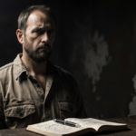 Man standing alone with open notebook and pen beside him under soft shadows and a dark blurred background