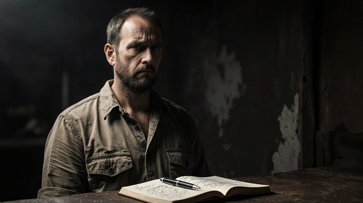 Man standing alone with open notebook and pen beside him under soft shadows and a dark blurred background