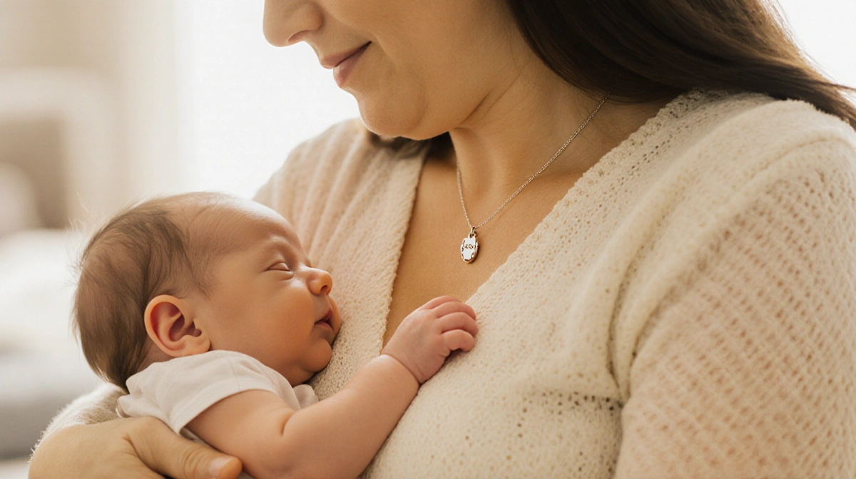 Hayley Erbet tenderly holds baby Everley's tiny hand against her chest with delicate necklace showing above their touching ha