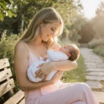 Hayley Erbert Hough cradles newborn daughter Everley with garden bench and stone path behind