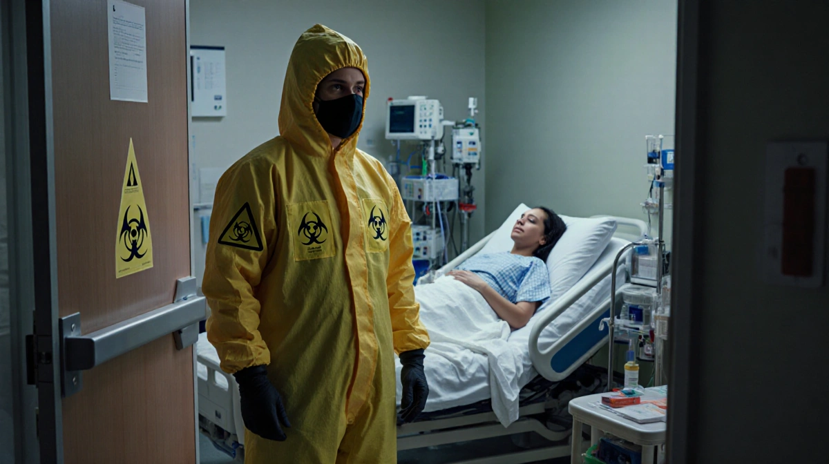 Healthcare worker in hazmat suit stands outside hospital room with biohazard warnings while Lala Kent lies on bed with medica