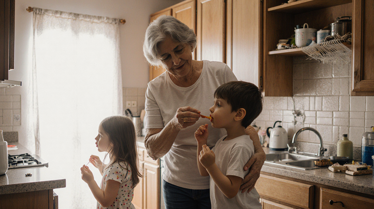 Woman feeding child in home kitchen with dental disease hint and cluttered countertops showing caregiver strain