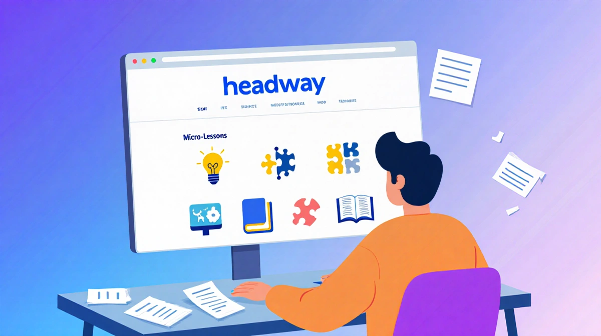 Person learning at computer with colorful micro-lesson icons and notes scattered nearby