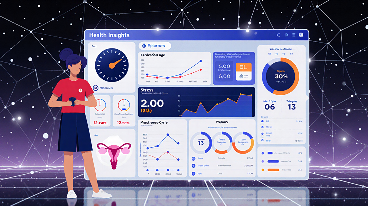 Dashboard displays health metrics with animated cardiovascular gauge and pregnancy icon.