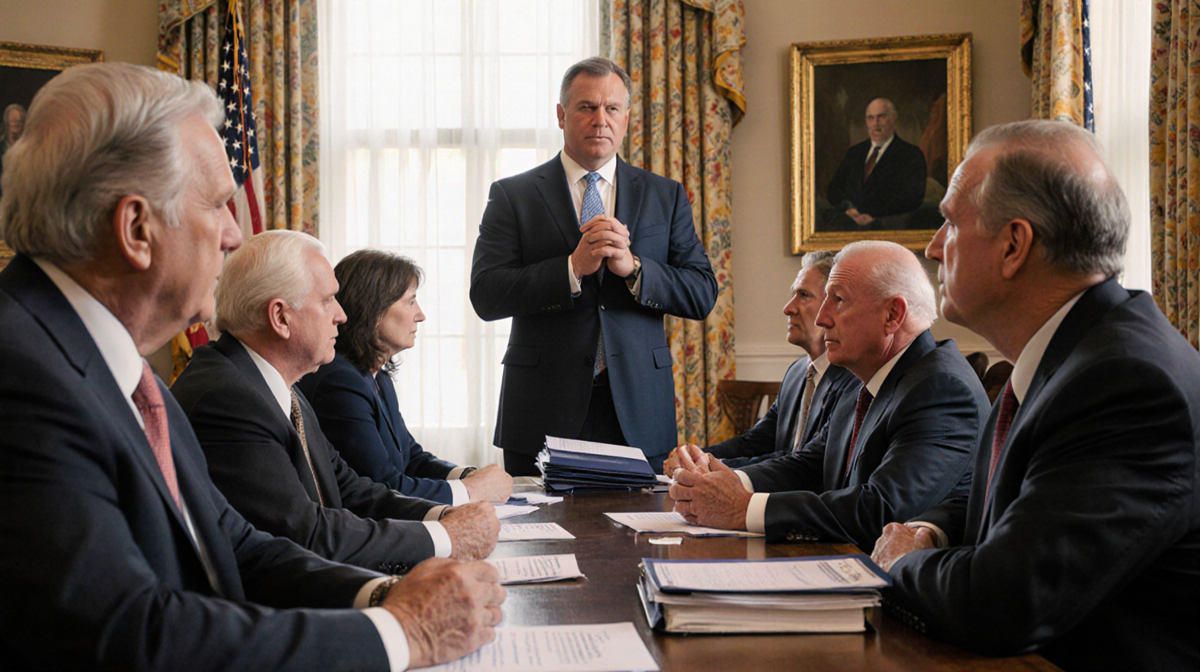 Health insurance CEO stands with hands clasped in front of a table while committee members stare with concern