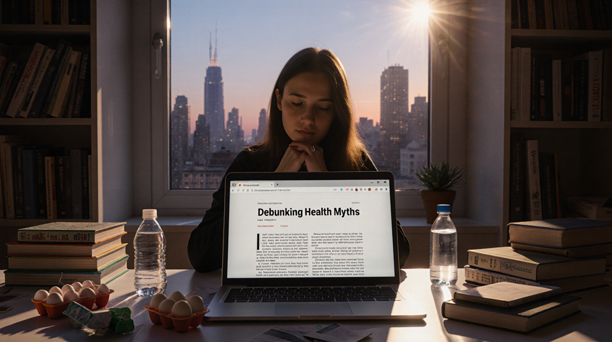 Person reads laptop article debunking health myths with books and wellness items while evidence-based truths glow.