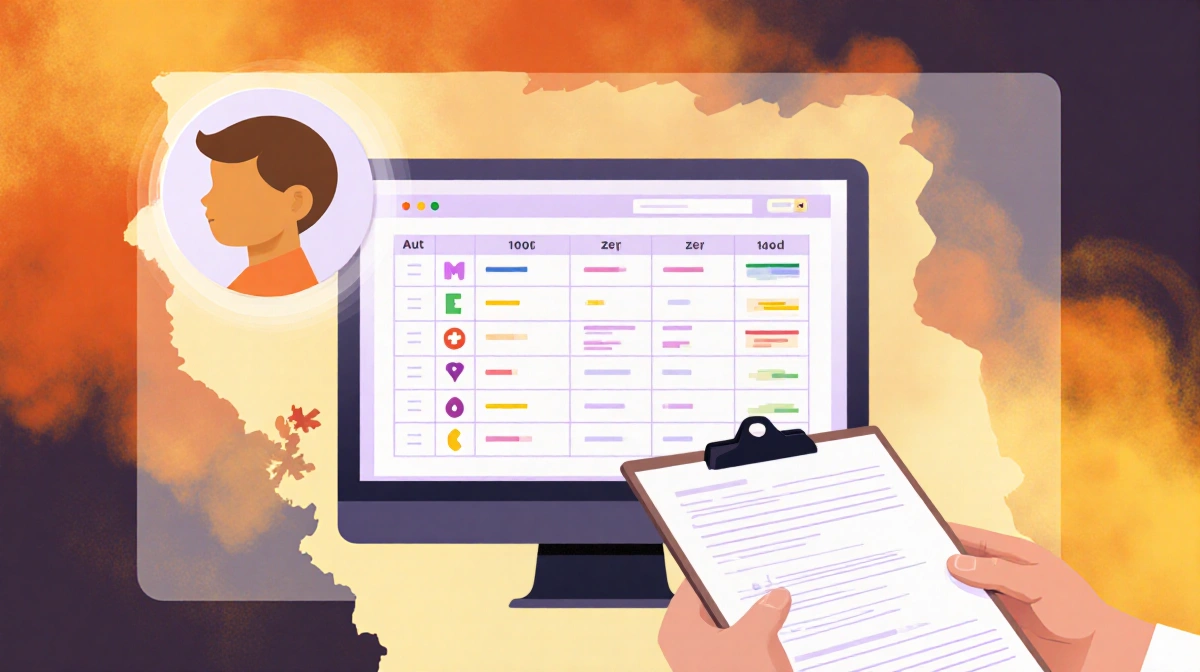 Person holding clipboard with records on a screen showing health data on a Southern California map amid wildfire smoke and fa