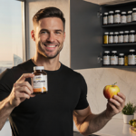 Healthy man in his 30s smiles while holding a multivitamin bottle and apple with a modern kitchen counter and organized suppl
