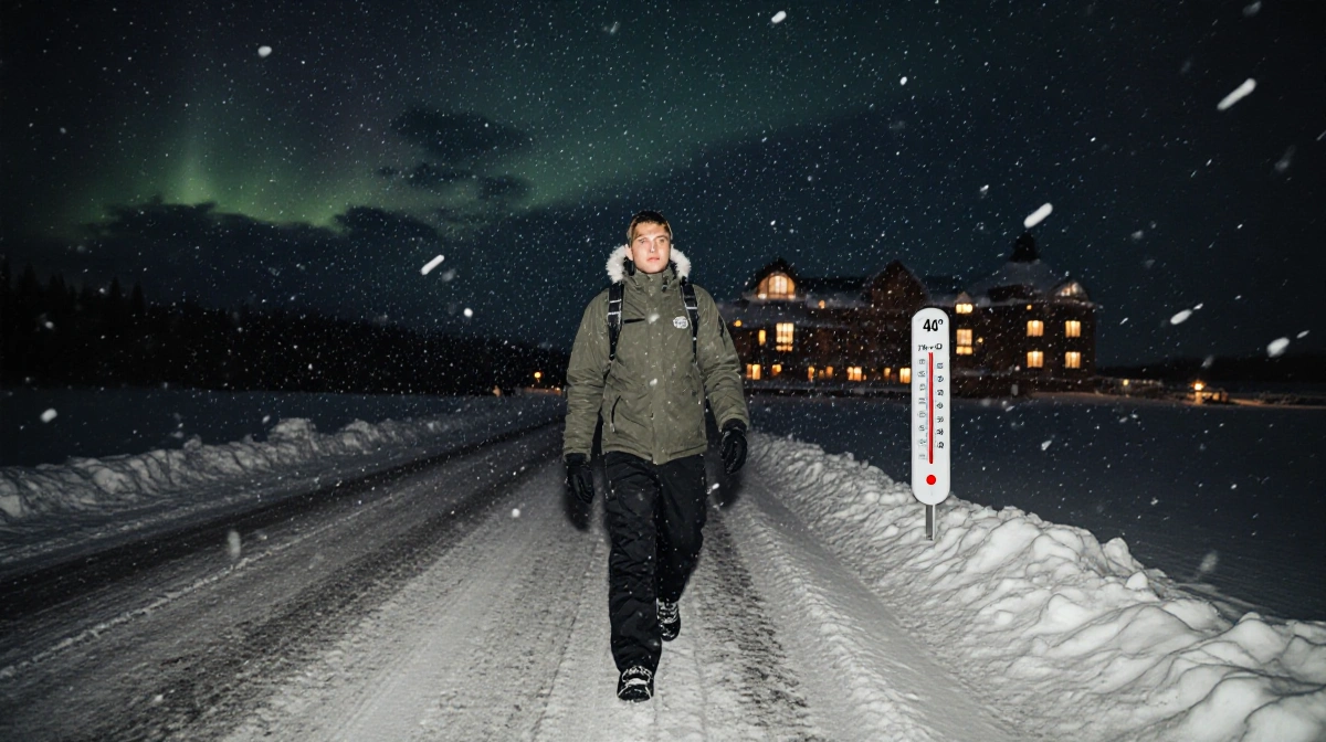 Lone traveler walks snow-covered Healy Alaska road with Aurora Denali Lodge in background and thermometer showing -40 degrees