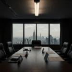 Two business professionals sit across from each other with laptops and documents under flickering light while city skyline gl