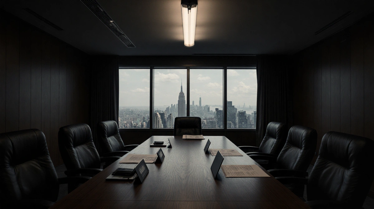 Two business professionals sit across from each other with laptops and documents under flickering light while city skyline gl