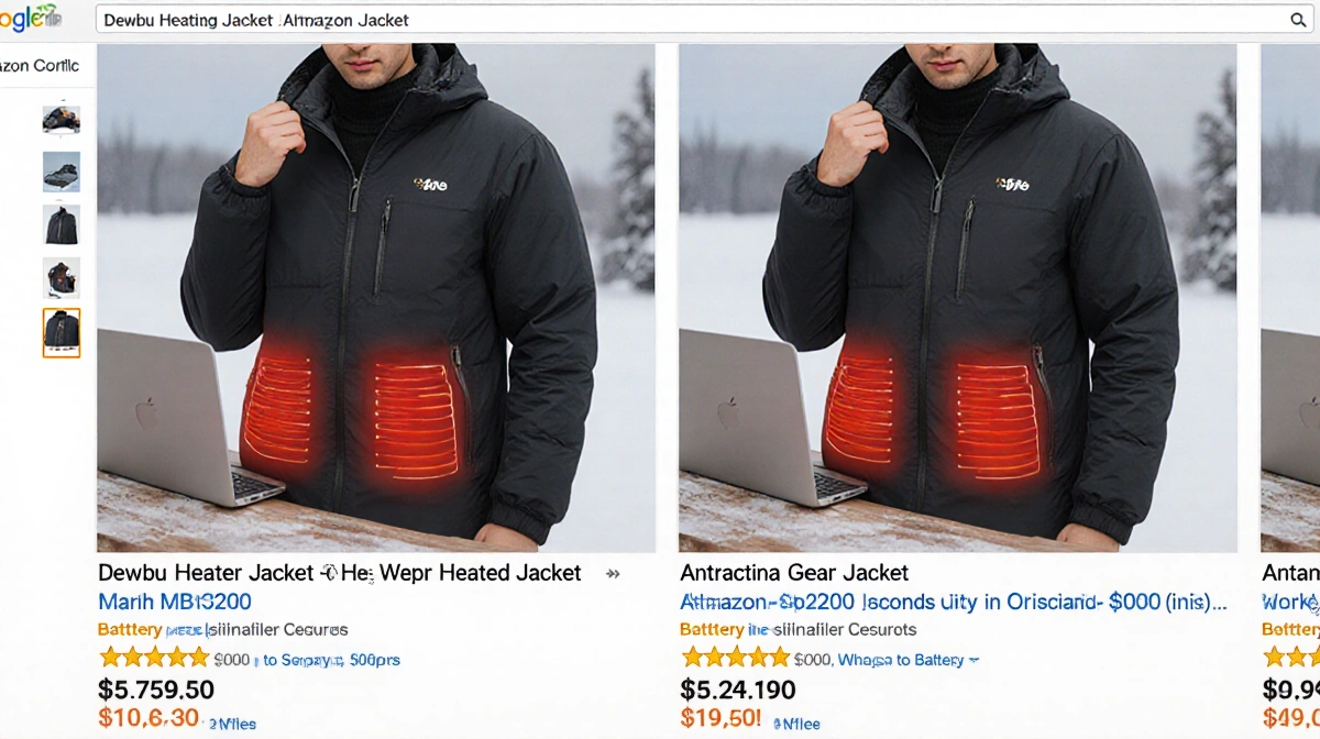 Person comparing two heated jackets on table with price tags and battery showing winter sale deals