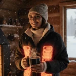 Person wearing heated jacket glows near fireplace with steaming cocoa and snow falling outside winter cabin window