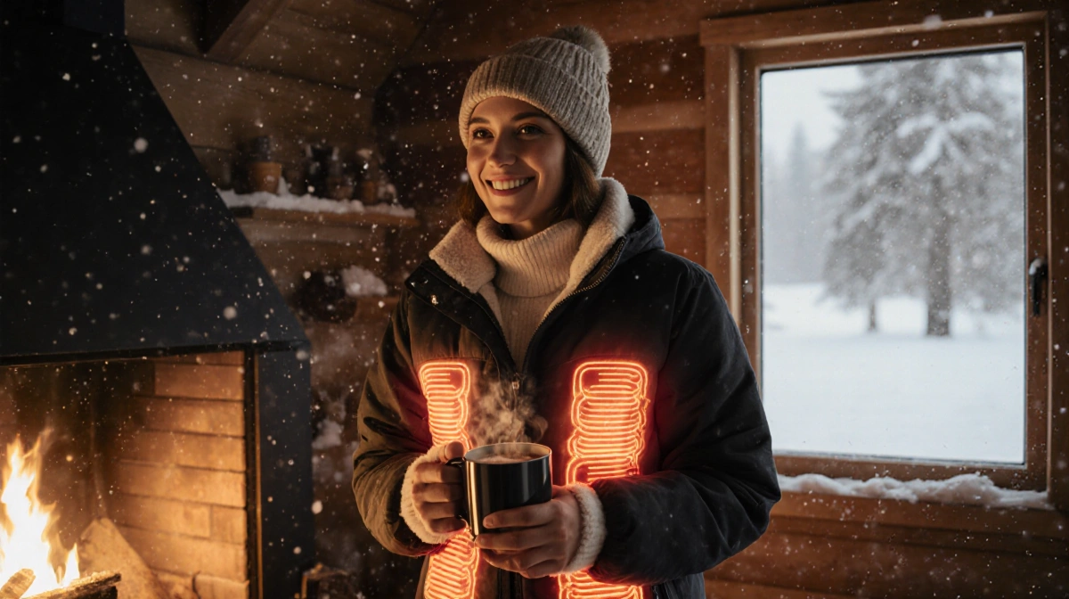Person wearing heated jacket glows near fireplace with steaming cocoa and snow falling outside winter cabin window