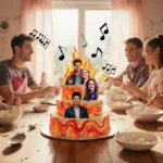 Friends decorating a fiery character cake with colorful frosting and baking supplies scattered across the wooden table