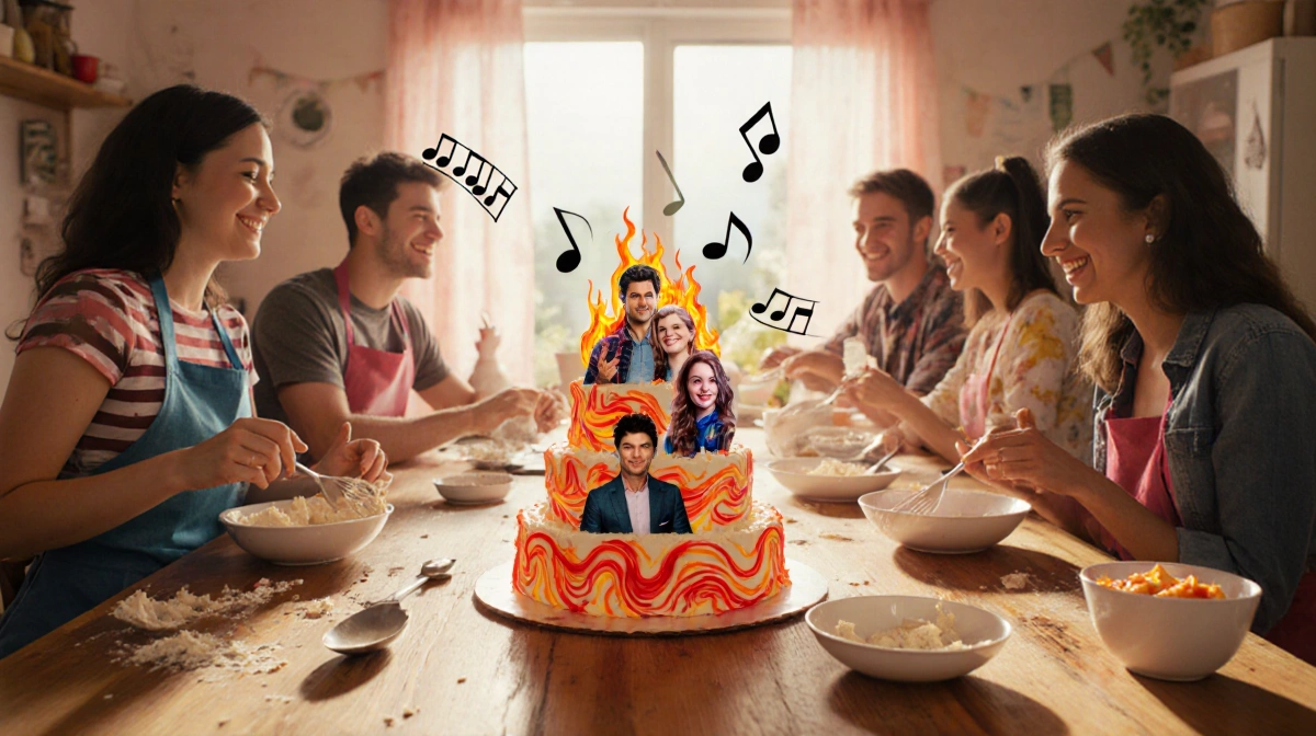 Friends decorating a fiery character cake with colorful frosting and baking supplies scattered across the wooden table