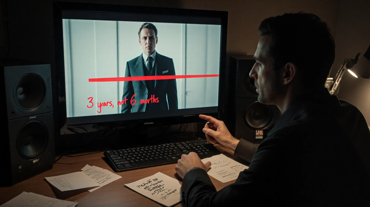 François Arnaud pointing to continuity error on TV screen with editor notes and red markup visible