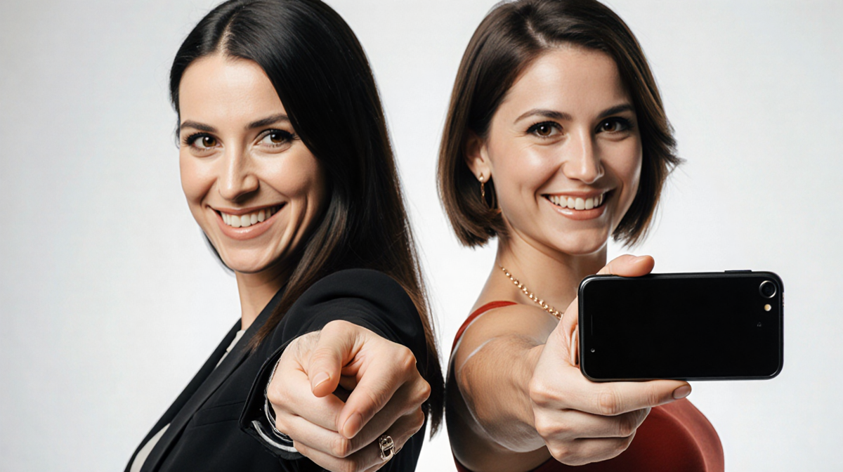 Heather Rae El Moussa and Christina Haack passing smartphones with bright playful smiles and upbeat energy