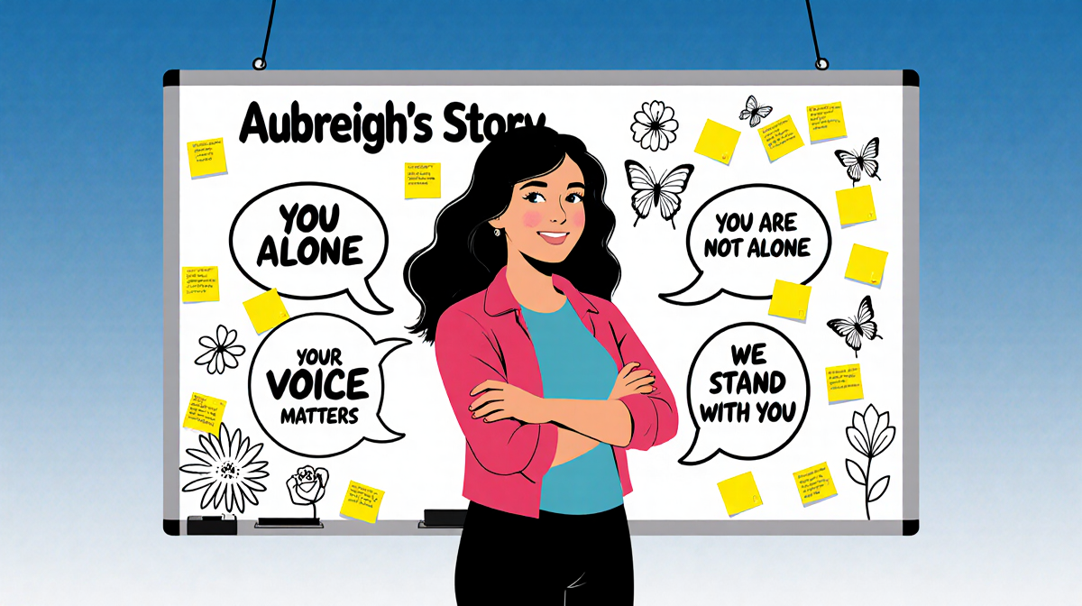 Heather Wyatt stands before a whiteboard with Aubreighs Story and speech bubbles against a blue hopeful scene anti-bullying
