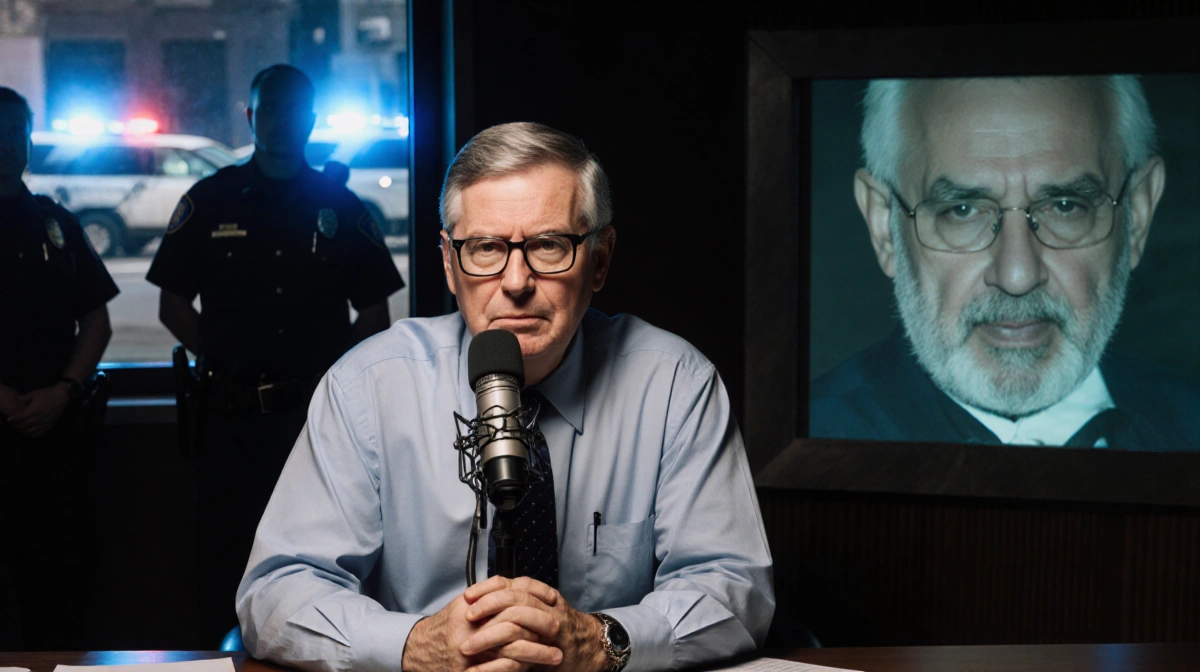 Fred Heckman broadcasting at news desk with Kiritsis visible through two-way mirror and police watching