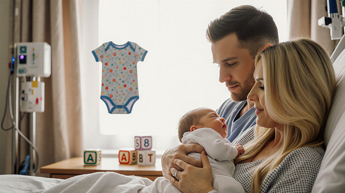 Heidi Montag Pratt holding her newborn son Gunner with Spencer Pratt sitting beside her in a warm hospital setting.