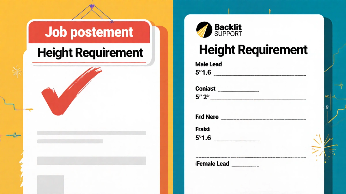 Split screen contrasts old job posting with crossed-out height requirement and new posting showing 5'2