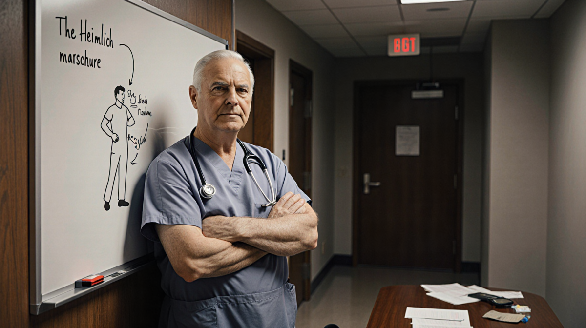 Dr. Heimlich explaining the Heimlich maneuver diagram on a whiteboard with scrubs and stethoscope in a hospital corridor