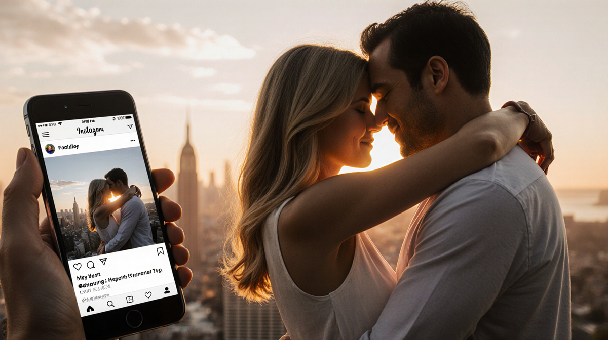 Helen Hunt and Jeffrey Nordling embracing with romantic sunset and cityscape behind a phone screen showing Instagram.