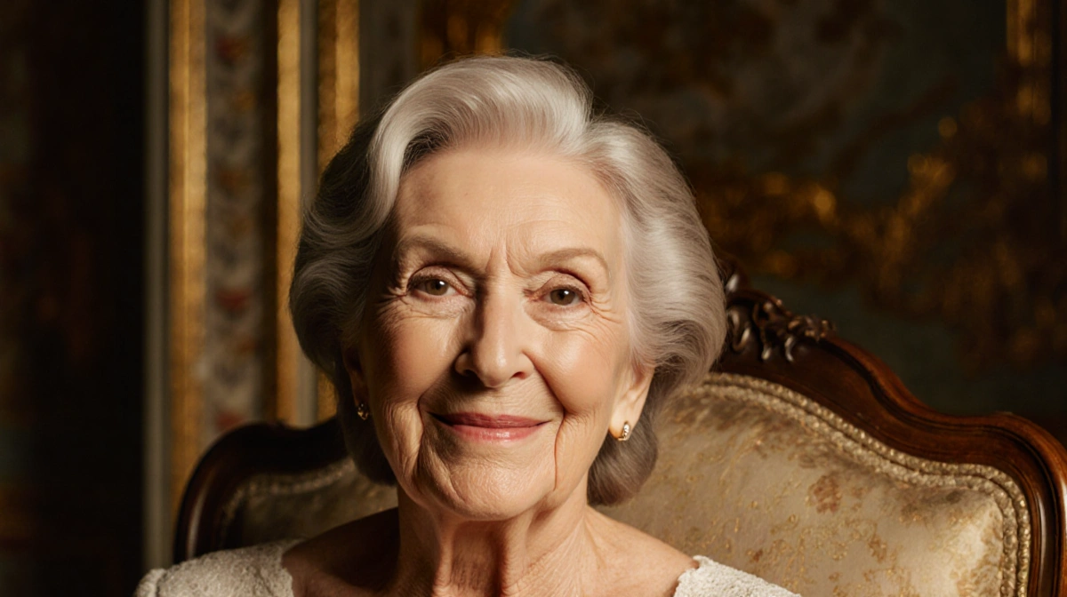 Dame Helen Mirren smiles warmly in armchair with glowing skin and elegant silver waves