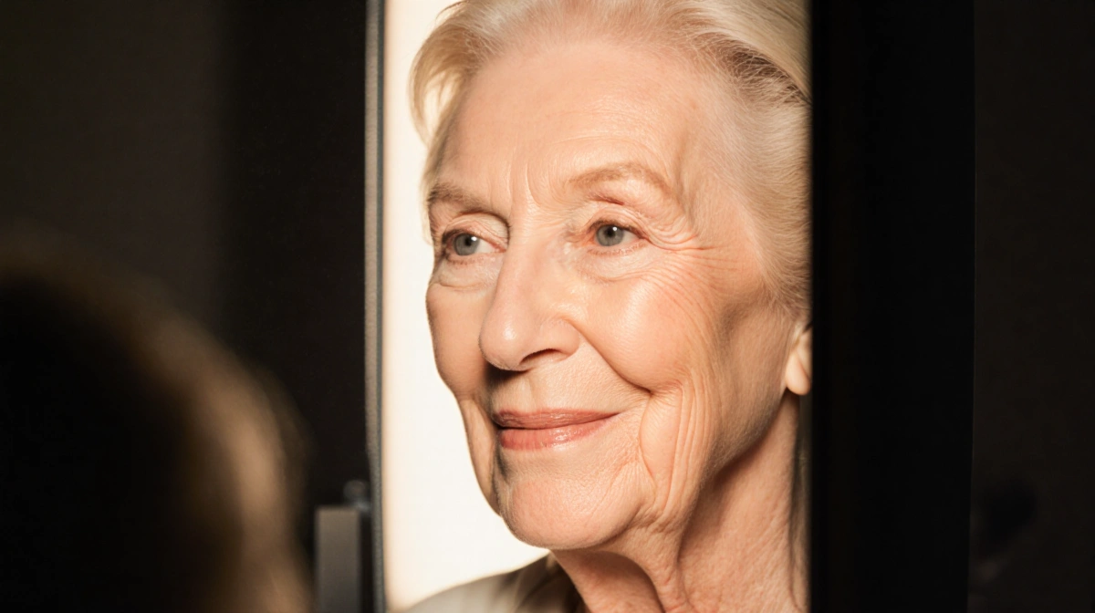 Helen Mirren looking in mirror with warm lighting highlighting her cheekbones and subtle smile