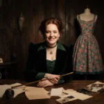 Helena Bonham Carter posing in vintage costume with Bellatrix wand and Alice dress visible in cluttered studio