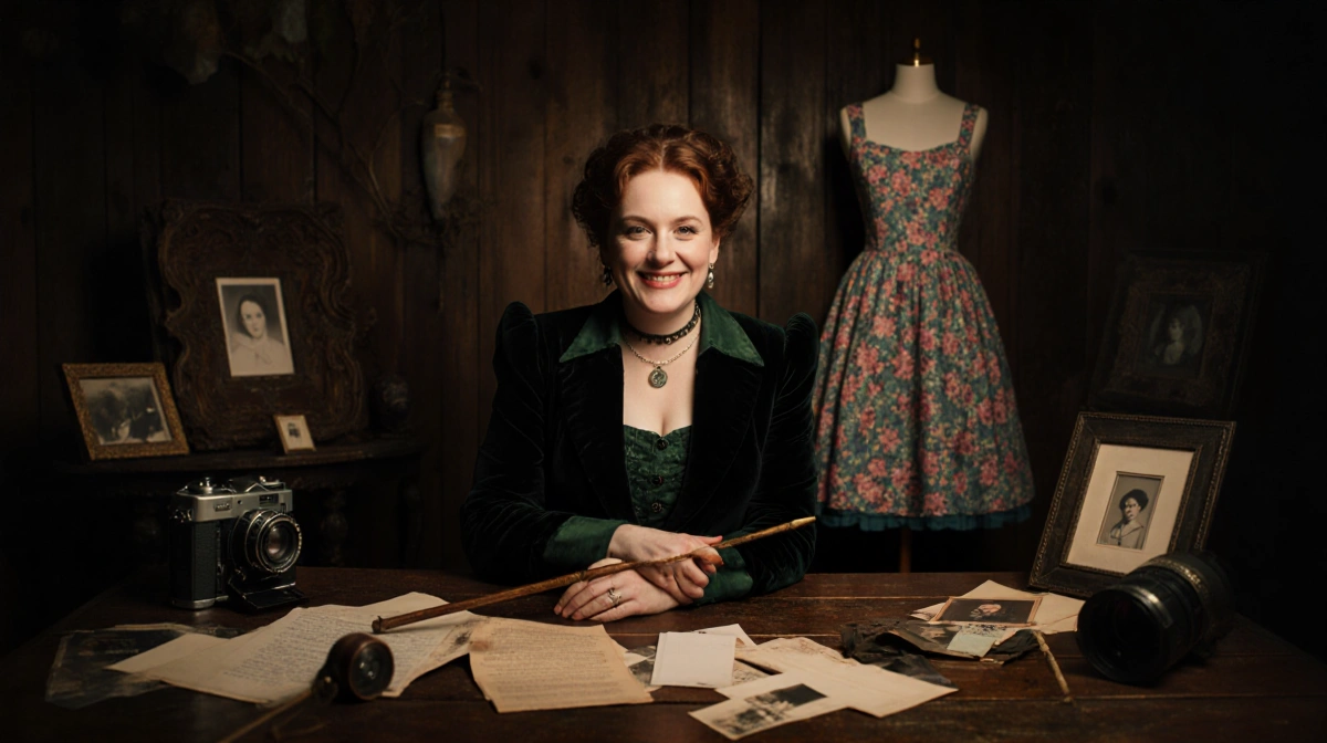 Helena Bonham Carter posing in vintage costume with Bellatrix wand and Alice dress visible in cluttered studio